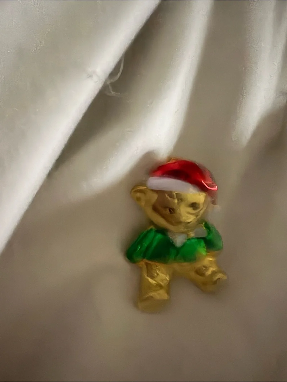 Gold Bear Holiday Toy Pin with Red Hat and Green Jacket